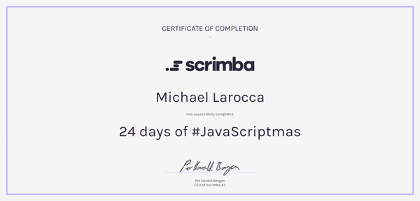 JavaScriptmas 2020 certificate